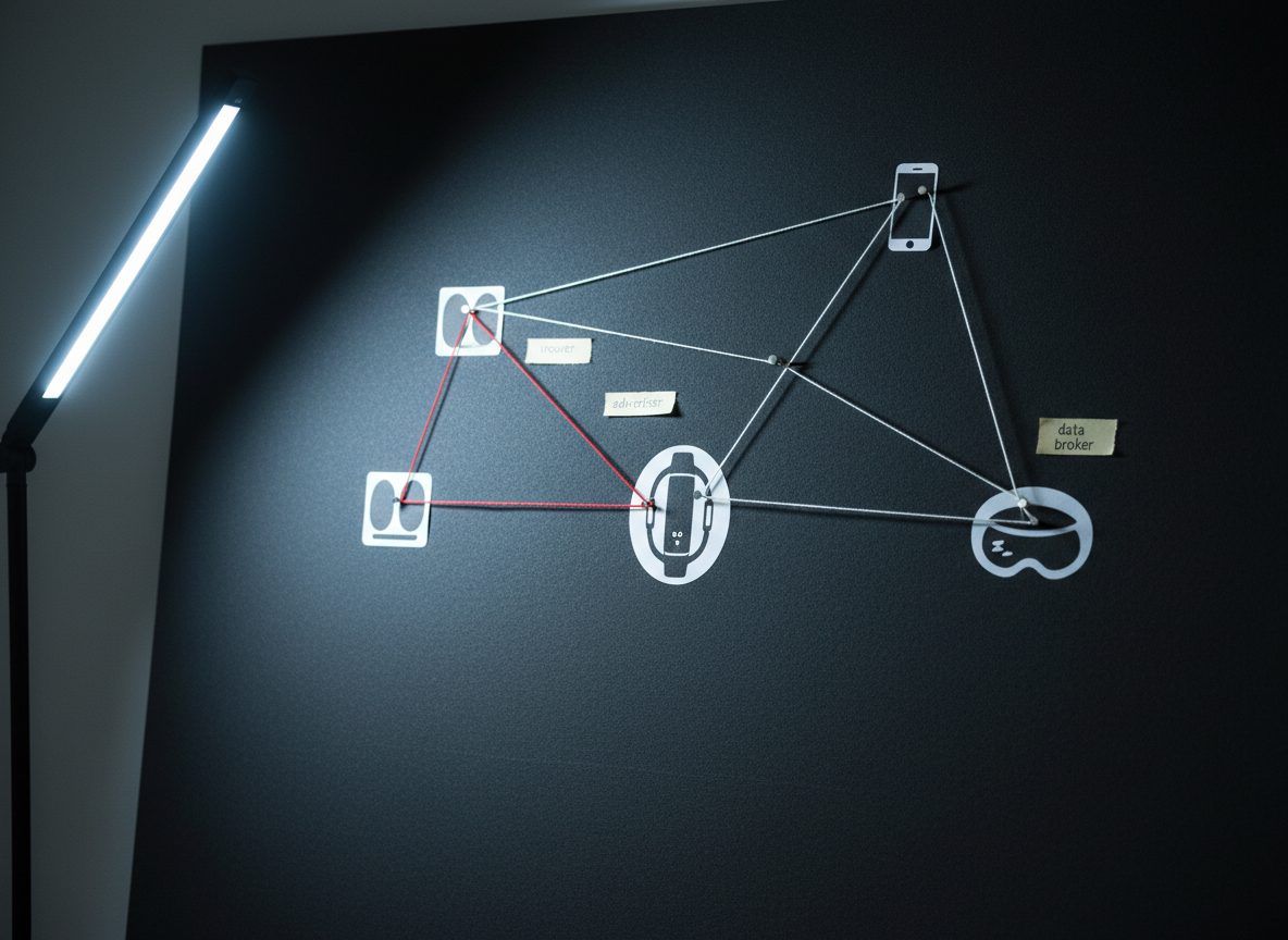A network-style diagram mocked up on a large, dark charcoal corkboard, with strings connecting printed icons of different devices: a fitness tracker, a smart scale, a sleep-tracking headband, and a smartphone. Small paper labels near each connection read “insurer,” “advertiser,” and “data broker,” though slightly softened to keep the focus on structure rather than text. A slim LED desk lamp to the side casts cool, directional light that creates sharp, graphic shadows of the pins and strings, enhancing the sense of complexity. Captured from a high, three-quarter angle with sharp focus across the entire board, the photographic image feels investigative and methodical, visually mapping how sensitive biometric information can travel through multiple third parties beyond the original wearable device.