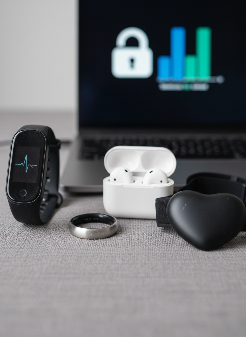 An array of consumer wearables carefully arranged on a neutral grey fabric surface: a glossy fitness tracker, a metallic smart ring, wireless earbuds in an open case, and a smooth plastic heart-rate chest strap. Each device shows subtle scuffs and fingerprints, emphasizing real-world use. Behind them, a softly blurred laptop screen displays an abstracted bar chart and padlock icon, just out of legible focus. Soft studio lighting from above and slightly to the left creates crisp, professional highlights and controlled shadows, accentuating each device’s materials and contours. Captured from a slightly elevated three-quarter angle with balanced composition, the image feels modern, analytical, and photographic, conveying both the appeal and the underlying risks of biometric data collection in a clean, corporate visual language.