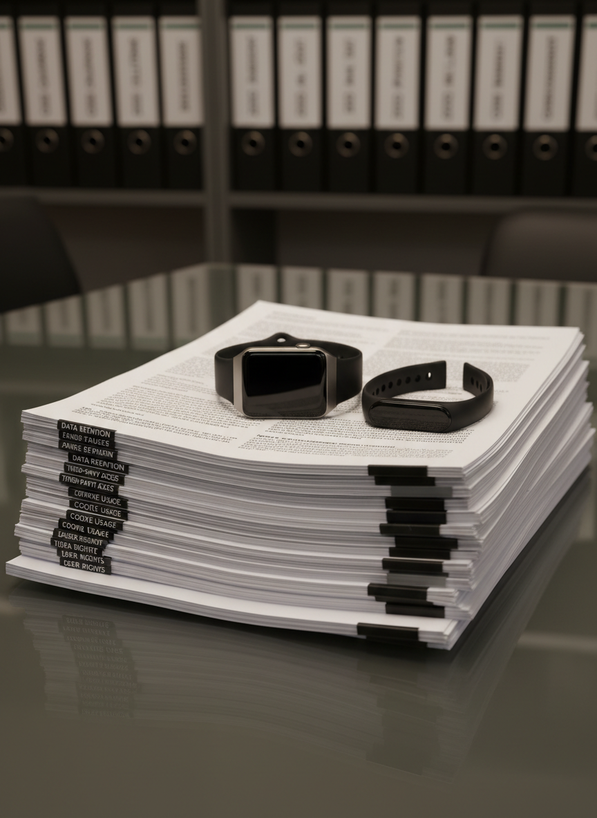 A modern, glass-topped office table holding a neatly stacked pile of printed privacy policies, each page densely filled with fine legal text and bold section headings like “Data Retention” and “Third-Party Access.” On top of the stack sits a powered-off, brushed-aluminum smartwatch and a slim, matte-finished fitness band, their screens black and reflective. In the background, softly blurred shelves hold neatly organized binders labeled with years and compliance terms. Warm yet subdued overhead lighting casts gentle reflections in the glass tabletop and faint shadows from the paperwork. Photographed at a slightly low, side angle with moderate depth of field, the scene feels professional, serious, and documentary in style, evoking corporate responsibility and the weight of informed consent surrounding wearable data.