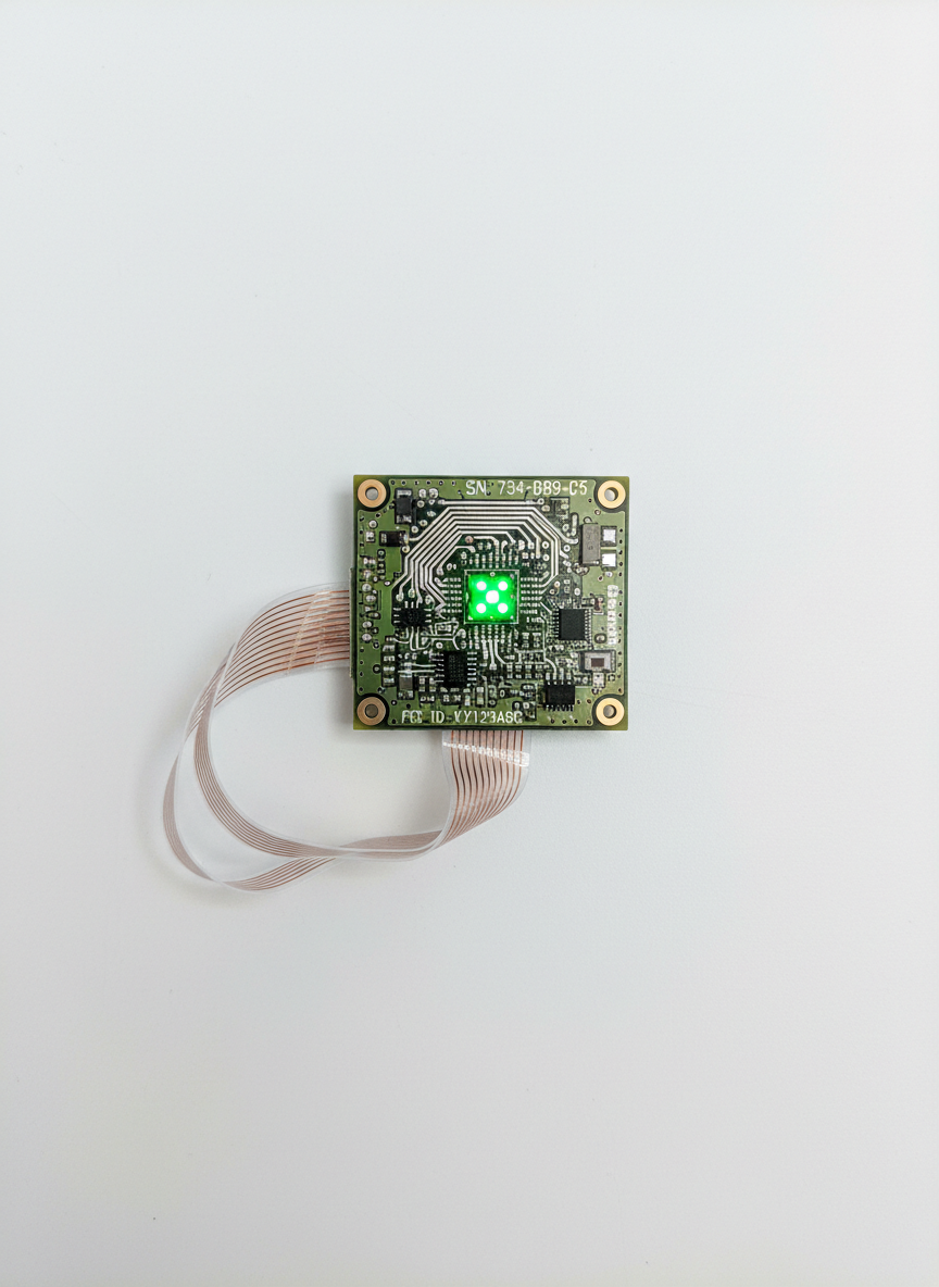 A close-up of a biometric sensor module detached from any wearable, its tiny circuit board, microchips, and green infrared LEDs exposed against a matte white background. Delicate solder lines and printed serial numbers are crisply rendered, while thin, ribbon-like connector cables curl into the frame from one side. Bright, even studio lighting eliminates harsh shadows, emphasizing every minute texture and etched detail in photographic realism. The composition is centered with plenty of negative space, shot straight down from a bird’s-eye view to feel clinical and diagnostic. The mood is precise, technical, and slightly sterile, underlining the hidden complexity behind seemingly simple wearables and hinting at how much sensitive data these invisible components can quietly capture.